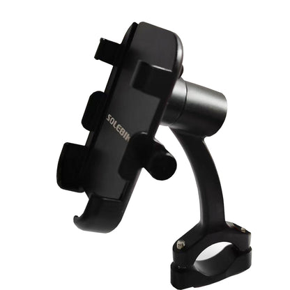Black motorcycle phone mount  mobile holder with 'Solebike' branding 